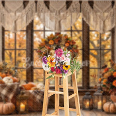 Aperturee - Aperturee Cozy Autumn Window Photography Backdrop with Macrame Valance Rustic Fall Wreath and Pumpkins Decor