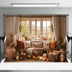 Aperturee - Aperturee Cozy Autumn Window Photography Backdrop with Pumpkins Fall Leaves and Rustic Decor for Harvest Season
