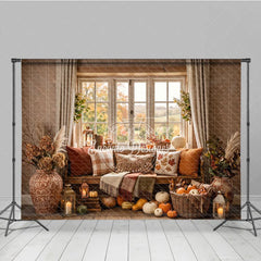 Aperturee - Aperturee Cozy Autumn Window Photography Backdrop with Pumpkins Fall Leaves and Rustic Decor for Harvest Season