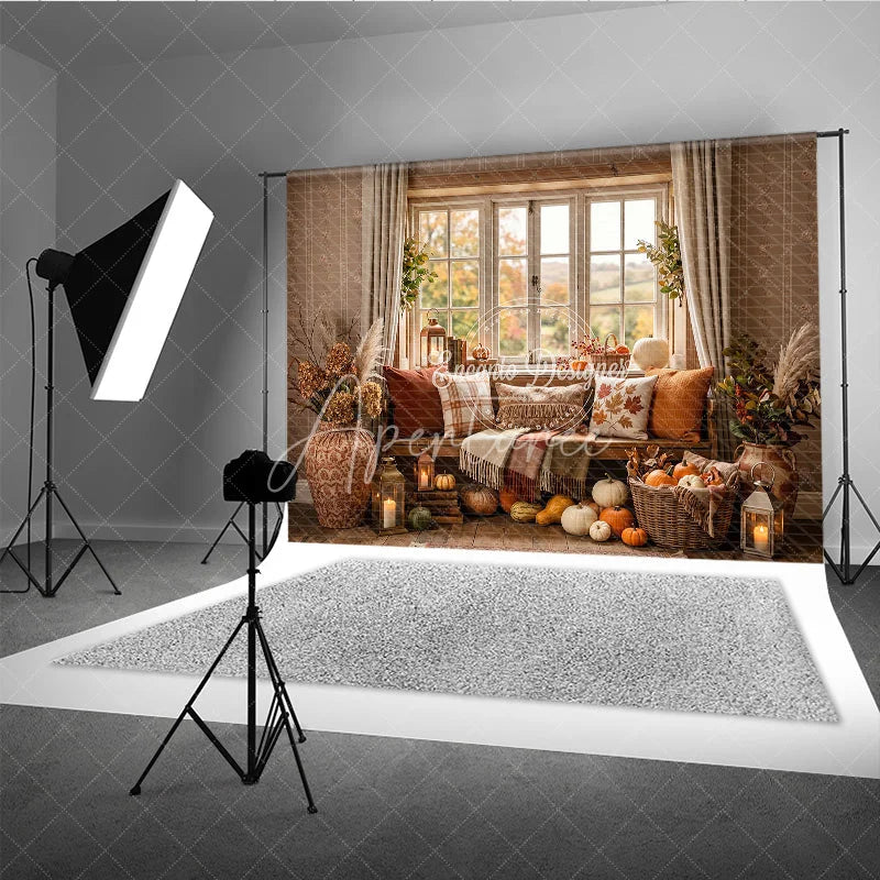 Aperturee - Aperturee Cozy Autumn Window Photography Backdrop with Pumpkins Fall Leaves and Rustic Decor for Harvest Season