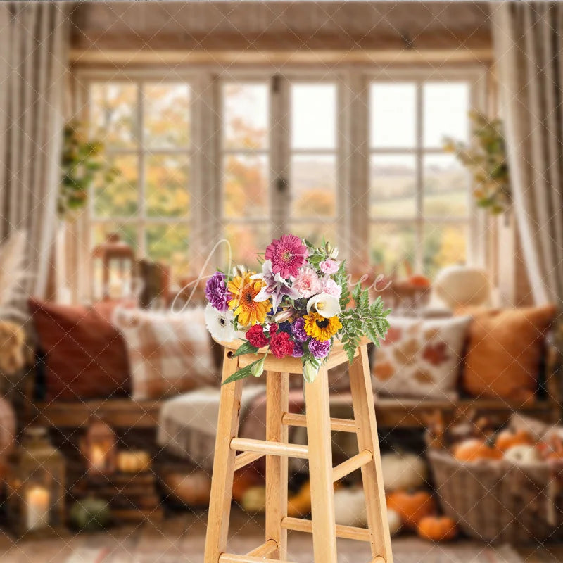 Aperturee - Aperturee Cozy Autumn Window Photography Backdrop with Pumpkins Fall Leaves and Rustic Decor for Harvest Season