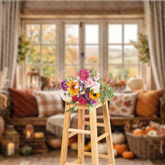 Aperturee - Aperturee Cozy Autumn Window Photography Backdrop with Pumpkins Fall Leaves and Rustic Decor for Harvest Season