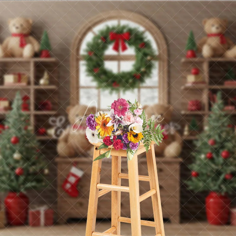 Aperturee - Aperturee Cozy Christmas Bookshelf Photography Backdrop Rustic Room with Teddy Bears Holiday Mini Session Background