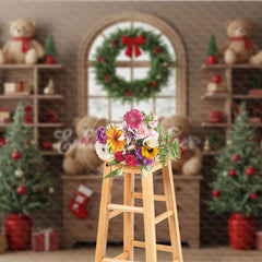 Aperturee - Aperturee Cozy Christmas Bookshelf Photography Backdrop Rustic Room with Teddy Bears Holiday Mini Session Background