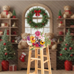 Aperturee - Aperturee Cozy Christmas Bookshelf Photography Backdrop Rustic Room with Teddy Bears Holiday Mini Session Background