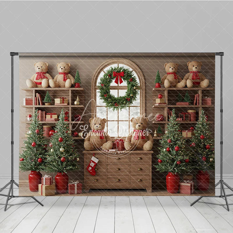 Aperturee - Aperturee Cozy Christmas Bookshelf Photography Backdrop Rustic Room with Teddy Bears Holiday Mini Session Background