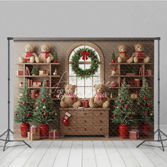 Aperturee - Aperturee Cozy Christmas Bookshelf Photography Backdrop Rustic Room with Teddy Bears Holiday Mini Session Background