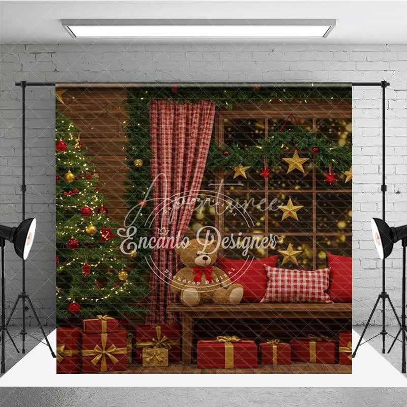 Aperturee - Aperturee Cozy Christmas Cabin Room Set Backdrop Rustic Window Scene with Teddy Bears Holiday Photo Studio with Rug Floor