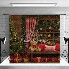 Aperturee - Aperturee Cozy Christmas Cabin Room Set Backdrop Rustic Window Scene with Teddy Bears Holiday Photo Studio with Rug Floor