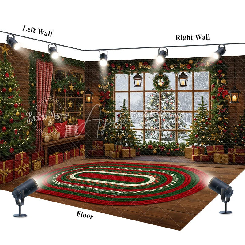 Aperturee - Aperturee Cozy Christmas Cabin Room Set Backdrop Rustic Window Scene with Teddy Bears Holiday Photo Studio with Rug Floor