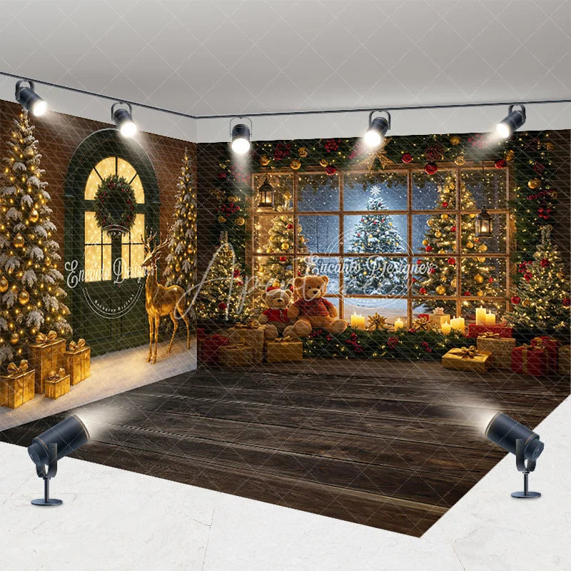 Aperturee - Aperturee Cozy Christmas Cabin Room Set Backdrop Snowy Window with Teddy Bears and Rustic Door Holiday Photo Studio