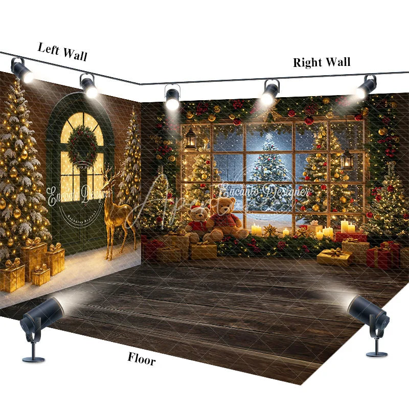 Aperturee - Aperturee Cozy Christmas Cabin Room Set Backdrop Snowy Window with Teddy Bears and Rustic Door Holiday Photo Studio