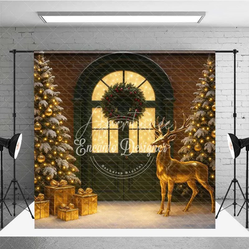 Aperturee - Aperturee Cozy Christmas Cabin Room Set Backdrop Snowy Window with Teddy Bears and Rustic Door Holiday Photo Studio