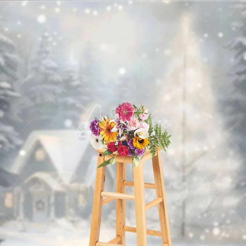 Aperturee - Aperturee Cozy Christmas Cottage Photography Backdrop Painterly Winter Snow Scene Holiday Mini Session Background