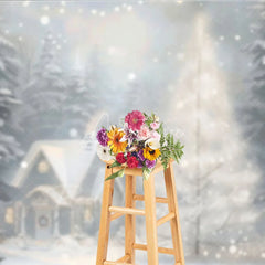 Aperturee - Aperturee Cozy Christmas Cottage Photography Backdrop Painterly Winter Snow Scene Holiday Mini Session Background