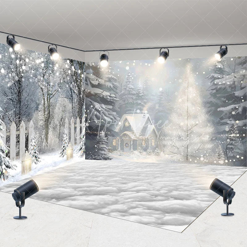 Aperturee - Aperturee Cozy Christmas Cottage Room Set Backdrop Painterly Winter Snow Scene Holiday Mini Session Photo Studio