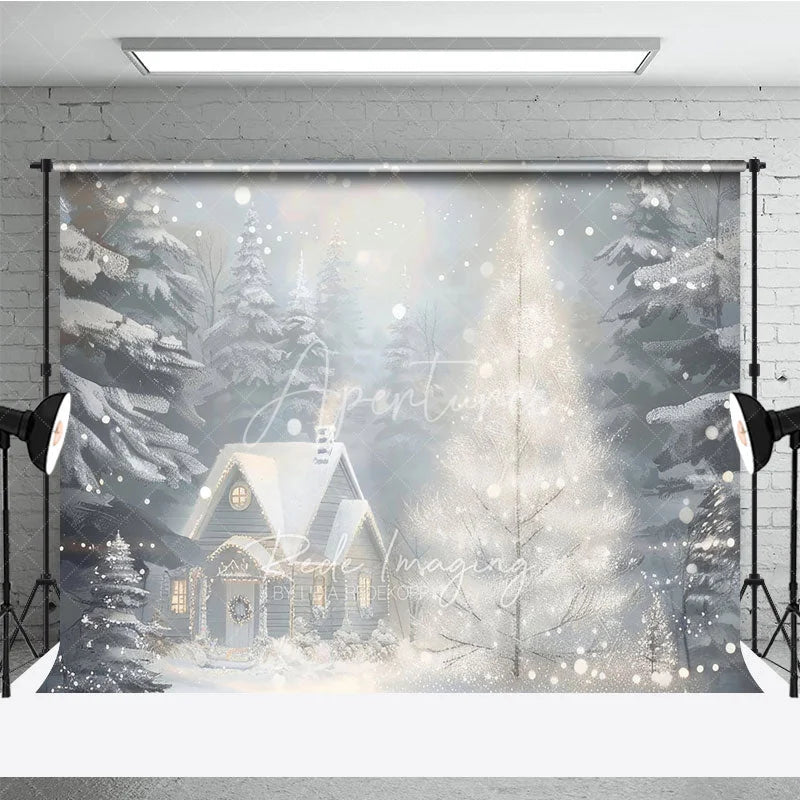 Aperturee - Aperturee Cozy Christmas Cottage Room Set Backdrop Painterly Winter Snow Scene Holiday Mini Session Photo Studio