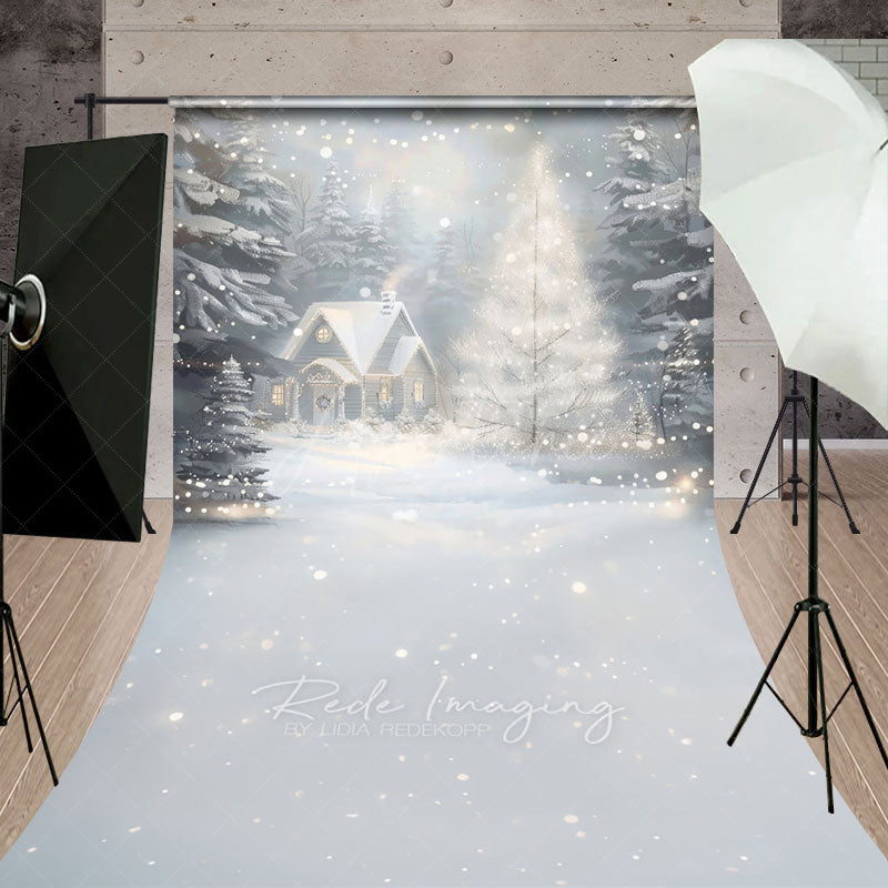 Aperturee - Aperturee Cozy Christmas Cottage Sweep Backdrop Painterly Winter Snow Scene Holiday Mini Session Photo Floor Drop