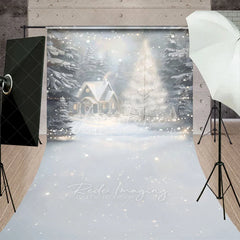 Aperturee - Aperturee Cozy Christmas Cottage Sweep Backdrop Painterly Winter Snow Scene Holiday Mini Session Photo Floor Drop