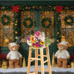Aperturee - Aperturee Cozy Christmas Door Photography Backdrop Green Door with Teddy Bears and Snow Holiday Fairy Lights Background
