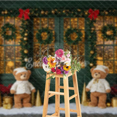 Aperturee - Aperturee Cozy Christmas Door Photography Backdrop Green Door with Teddy Bears and Snow Holiday Fairy Lights Background
