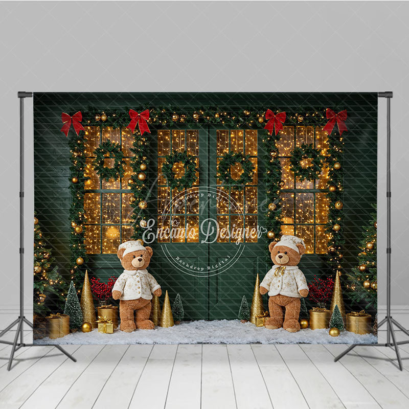 Aperturee - Aperturee Cozy Christmas Door Photography Backdrop Green Door with Teddy Bears and Snow Holiday Fairy Lights Background