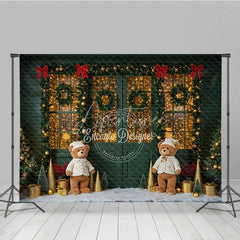 Aperturee - Aperturee Cozy Christmas Door Photography Backdrop Green Door with Teddy Bears and Snow Holiday Fairy Lights Background
