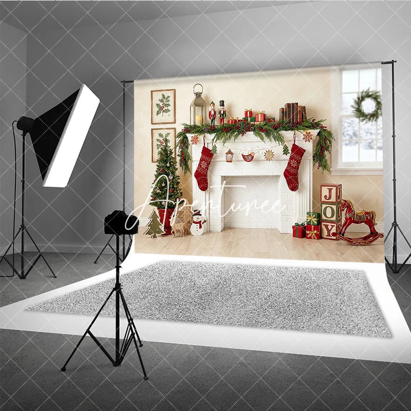 Aperturee - Aperturee Cozy Christmas Fireplace Holiday Backdrop Festive Stockings and Decorated Tree Winter Celebration Decor