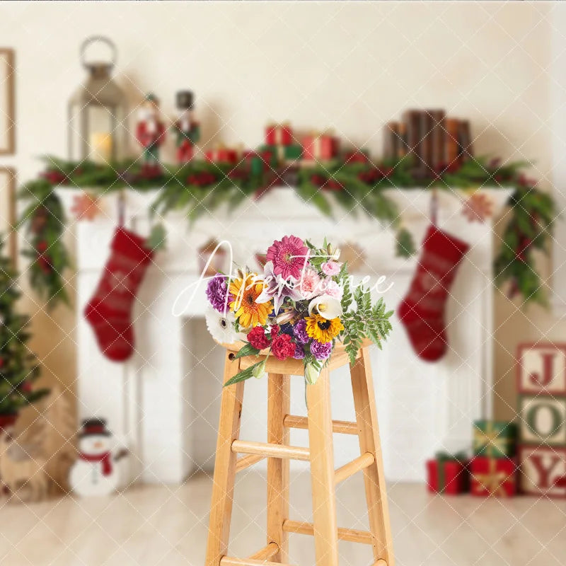 Aperturee - Aperturee Cozy Christmas Fireplace Holiday Backdrop Festive Stockings and Decorated Tree Winter Celebration Decor