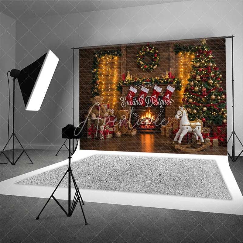 Aperturee - Aperturee Cozy Christmas Fireplace Photography Backdrop Rustic Mantle with Stockings Traditional Holiday Photo Background