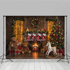 Aperturee - Aperturee Cozy Christmas Fireplace Photography Backdrop Rustic Mantle with Stockings Traditional Holiday Photo Background