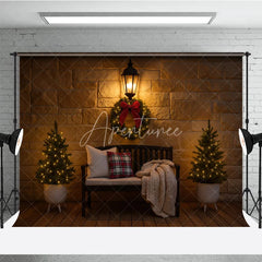 Aperturee - Aperturee Cozy Christmas Front Porch Photography Backdrop Stone Wall with Bench and Wreath Holiday Mini Session Background