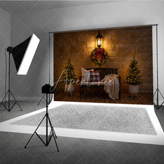 Aperturee - Aperturee Cozy Christmas Front Porch Photography Backdrop Stone Wall with Bench and Wreath Holiday Mini Session Background