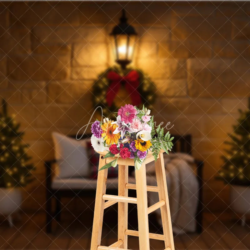 Aperturee - Aperturee Cozy Christmas Front Porch Photography Backdrop Stone Wall with Bench and Wreath Holiday Mini Session Background