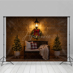 Aperturee - Aperturee Cozy Christmas Front Porch Photography Backdrop Stone Wall with Bench and Wreath Holiday Mini Session Background