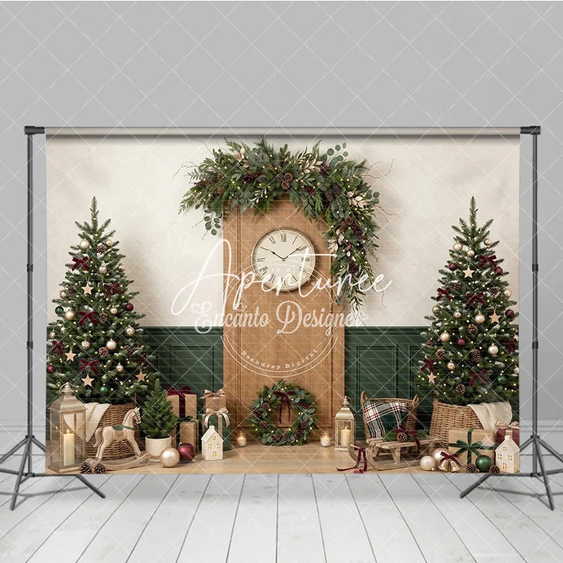 Aperturee - Aperturee Cozy Christmas Holiday Backdrop with Decorated Trees Festive Garland Clock and Gifts for Winter Celebrations