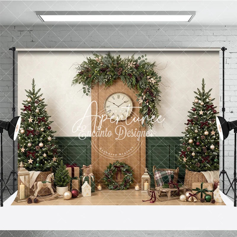 Aperturee - Aperturee Cozy Christmas Holiday Backdrop with Decorated Trees Festive Garland Clock and Gifts for Winter Celebrations