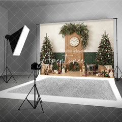 Aperturee - Aperturee Cozy Christmas Holiday Backdrop with Decorated Trees Festive Garland Clock and Gifts for Winter Celebrations