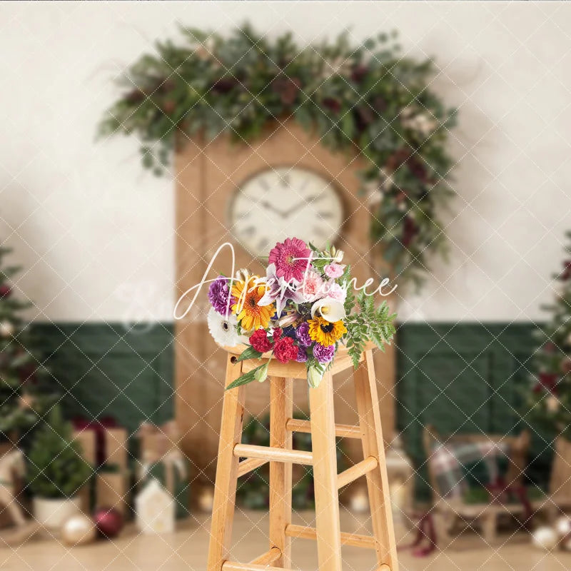Aperturee - Aperturee Cozy Christmas Holiday Backdrop with Decorated Trees Festive Garland Clock and Gifts for Winter Celebrations