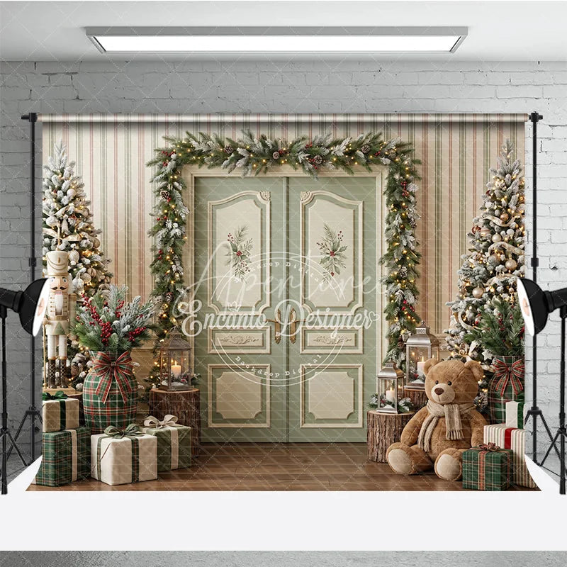 Aperturee - Aperturee Cozy Christmas Holiday Backdrop with Flocked Trees Nutcracker Teddy Bear Gifts Holiday Decor