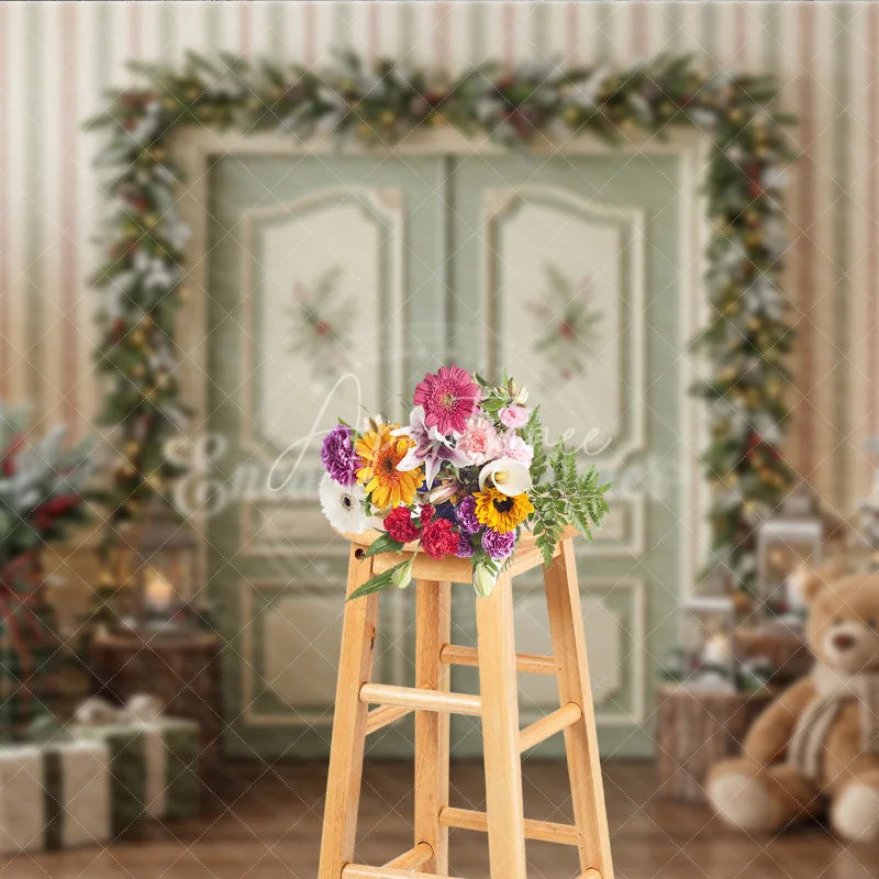 Aperturee - Aperturee Cozy Christmas Holiday Backdrop with Flocked Trees Nutcracker Teddy Bear Gifts Holiday Decor
