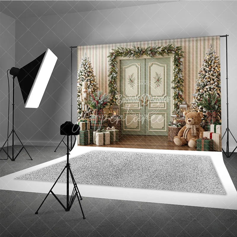 Aperturee - Aperturee Cozy Christmas Holiday Backdrop with Flocked Trees Nutcracker Teddy Bear Gifts Holiday Decor
