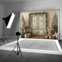 Aperturee - Aperturee Cozy Christmas Holiday Backdrop with Flocked Trees Nutcracker Teddy Bear Gifts Holiday Decor