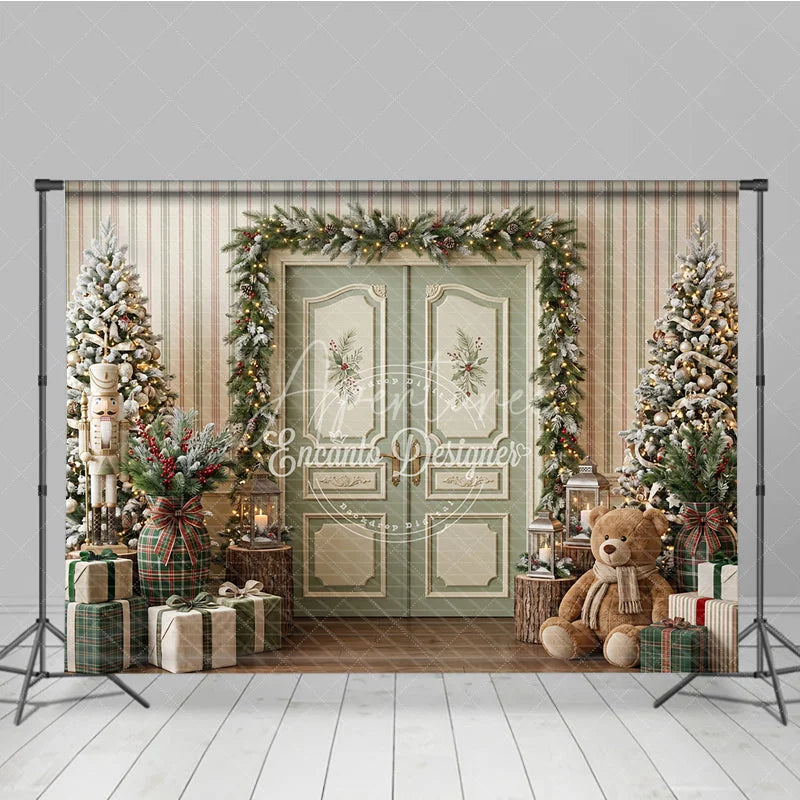 Aperturee - Aperturee Cozy Christmas Holiday Backdrop with Flocked Trees Nutcracker Teddy Bear Gifts Holiday Decor
