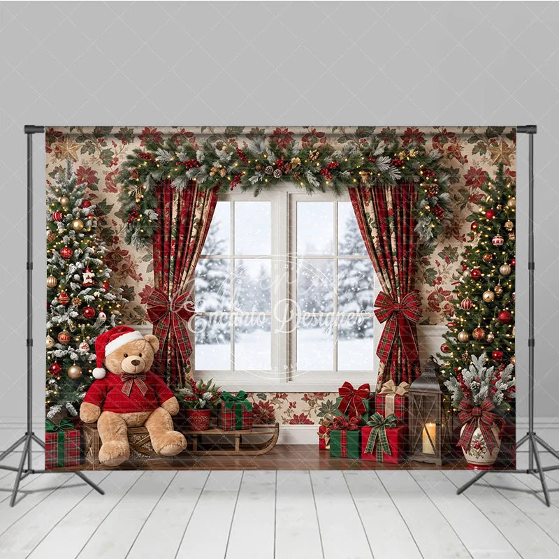 Aperturee - Aperturee Cozy Christmas Holiday Backdrop with Snowy Window Decorated Trees and Festive Plaid Gifts for Winter Celebrations.