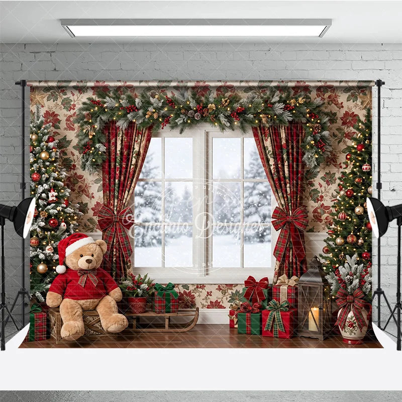 Aperturee - Aperturee Cozy Christmas Holiday Backdrop with Snowy Window Decorated Trees and Festive Plaid Gifts for Winter Celebrations.