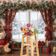 Aperturee - Aperturee Cozy Christmas Holiday Backdrop with Snowy Window Decorated Trees and Festive Plaid Gifts for Winter Celebrations.