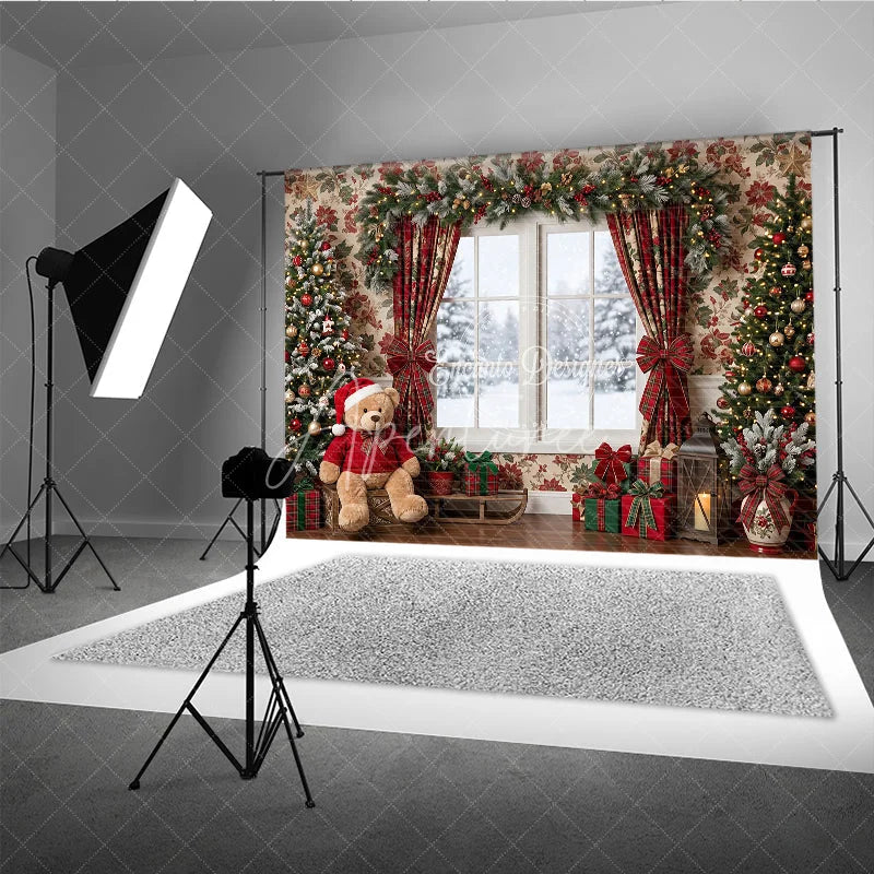 Aperturee - Aperturee Cozy Christmas Holiday Backdrop with Snowy Window Decorated Trees and Festive Plaid Gifts for Winter Celebrations.