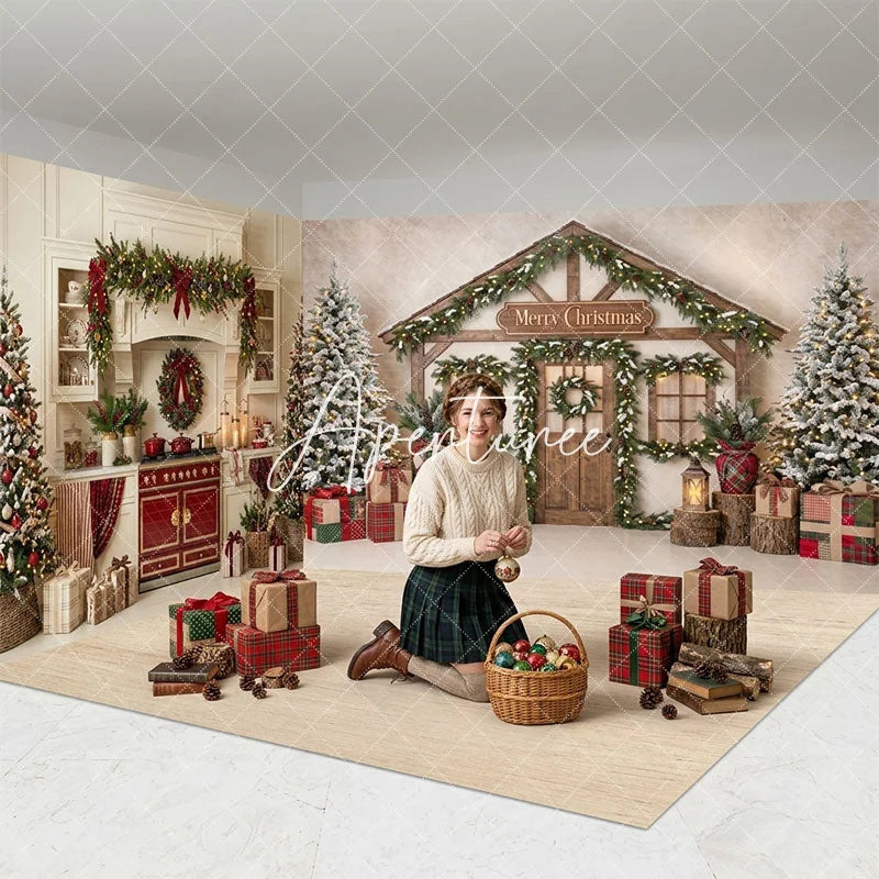 Aperturee - Aperturee Cozy Christmas Kitchen and Wooden House Room Set Backdrop Festive Holiday Photo Studio Decor