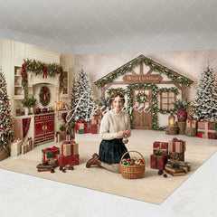 Aperturee - Aperturee Cozy Christmas Kitchen and Wooden House Room Set Backdrop Festive Holiday Photo Studio Decor